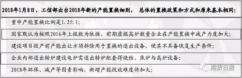 按照置換細則，2018年仍有置換的高爐，高爐減量會刺激價格上漲，同時壓制廢鋼價格上漲；另環保有望升級，也會影響高爐供應提振鋼價，壓縮爐料需求，所以高爐置換或環保政策是全年重點關注的政策變量。工信部1月3日提出爭取2018年提前完成鋼鐵去產能的”十三五“的上限目標，所以政策是黑色的重要變量。